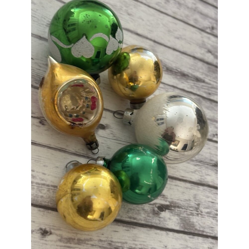 Lot 6‎ Vintage Glass Christmas Ornaments 50s Green X-mas Shiny Brite Decoration